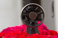 Detalle lateral de la obra 'Pan y rosas' donde se observa la manija circular de la máquina de coser.